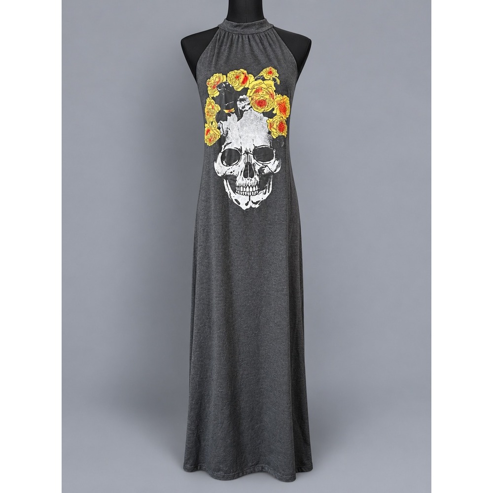 Unbranded Skull Rose Maxi Dress Women Small Gray Excellent Halter Neck Graphic